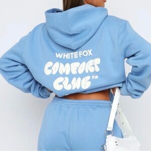 White fox boutique comfort club baby blue hoodies xxs/xs puff paint design